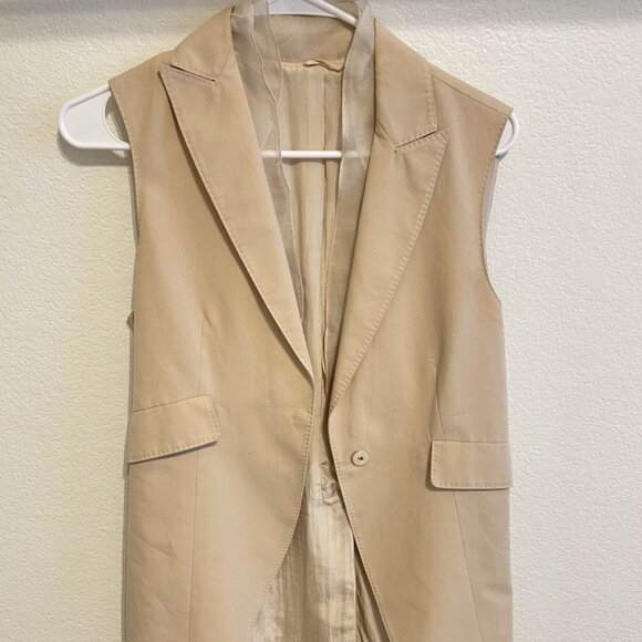 Brunello Cucinelli Vintage - Tan Gilet Vest with Silk Neckline Detail - Size 42 - Picture 1 of 6